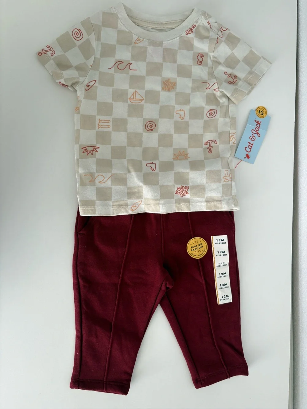 Cat & Jack Beige Checkerboard Tee with Coral Icons and Burgundy Leggings Set 18M